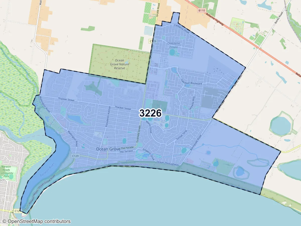 Map of Ocean Grove, VIC, showing its postcode areas as colored shapes and the suburb outline as a dashed line