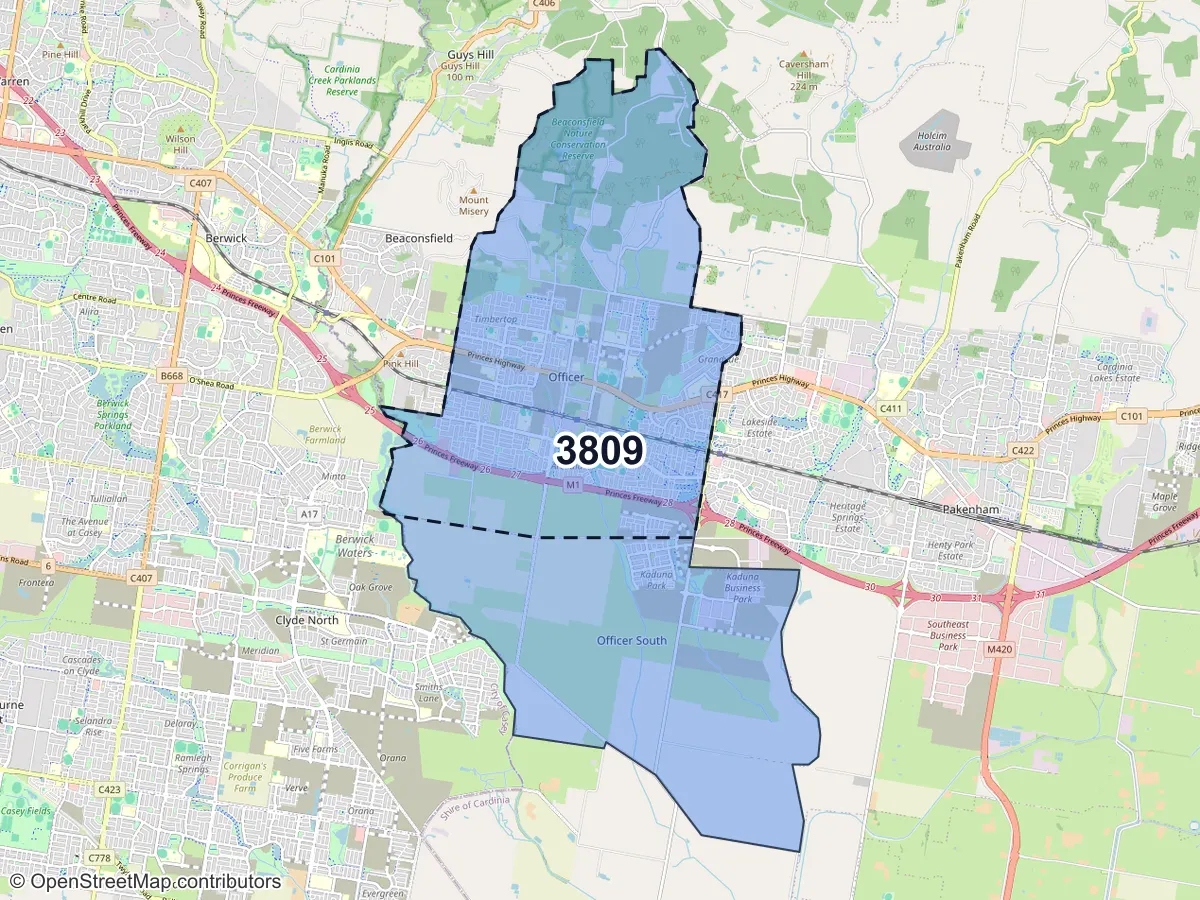 Map of Officer, VIC, showing its postcode areas as colored shapes and the suburb outline as a dashed line