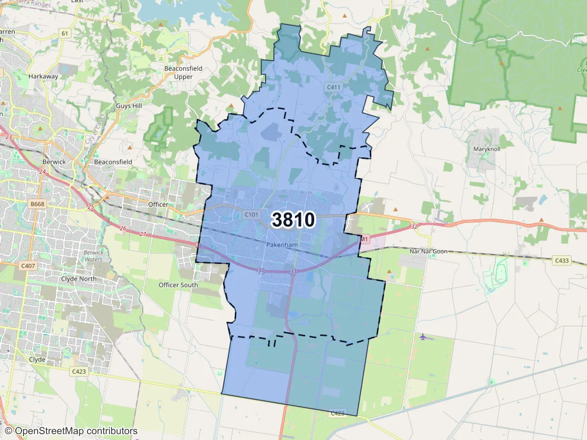 Map of Pakenham, VIC, showing its postcode areas as colored shapes and the suburb outline as a dashed line