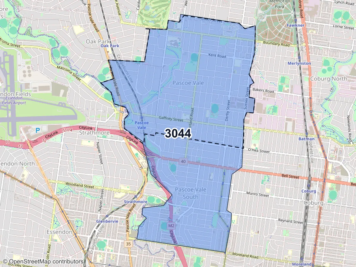 Map of Pascoe Vale, VIC, showing its postcode areas as colored shapes and the suburb outline as a dashed line