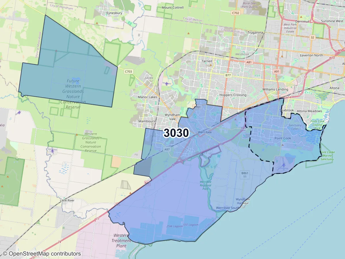Map of Point Cook, VIC, showing its postcode areas as colored shapes and the suburb outline as a dashed line