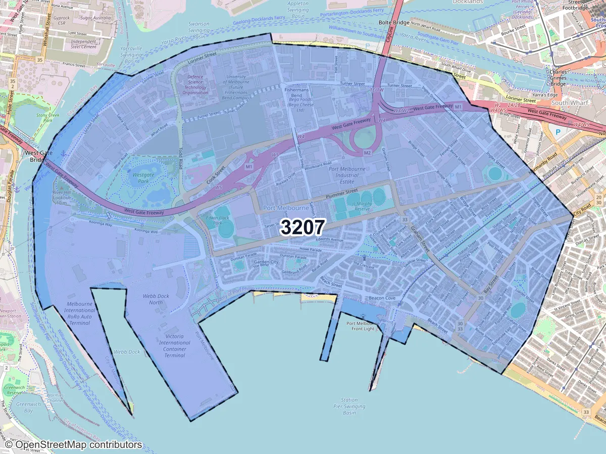 Map of Port Melbourne, VIC, showing its postcode areas as colored shapes and the suburb outline as a dashed line
