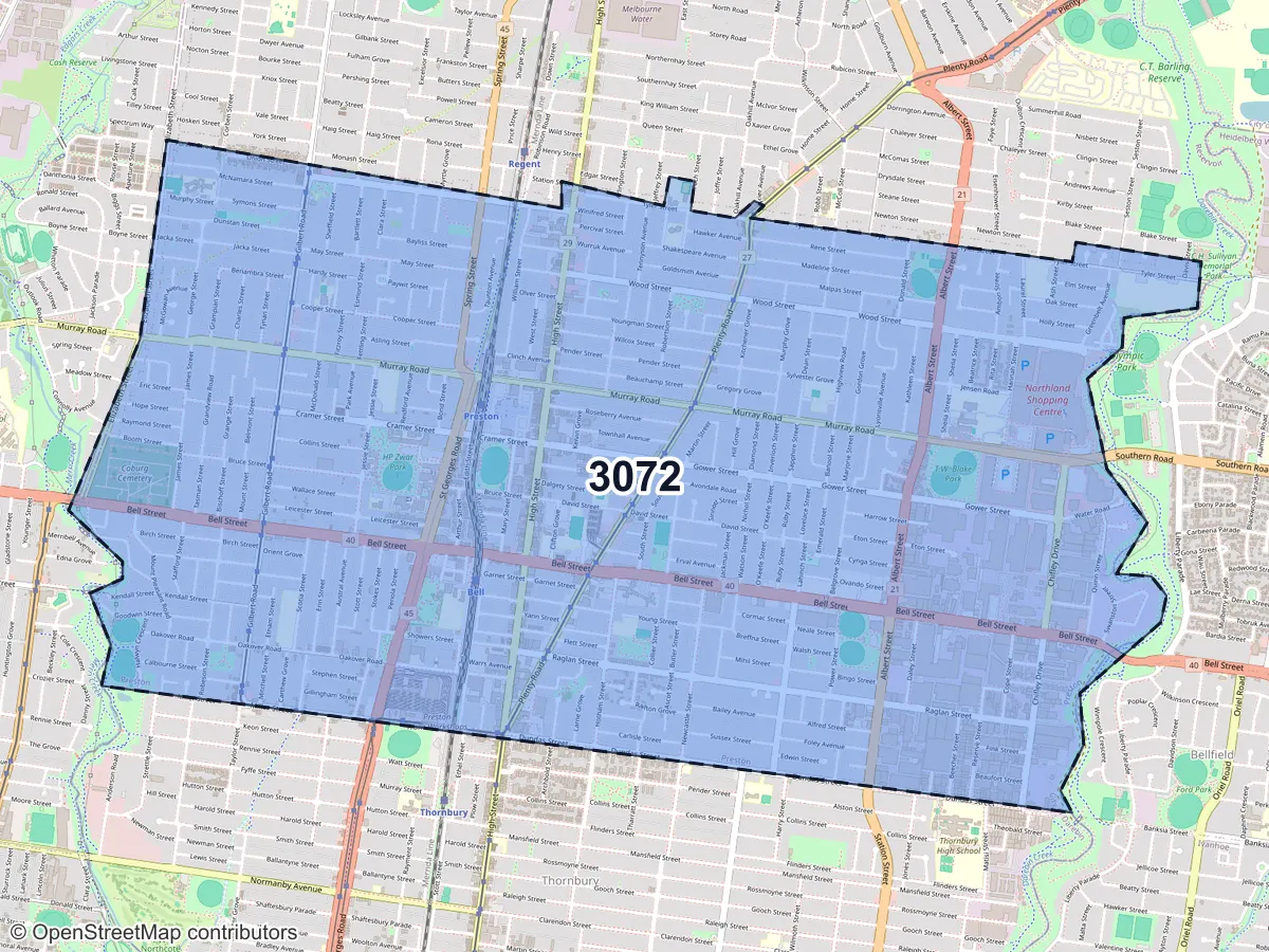 Map of Preston, VIC, showing its postcode areas as colored shapes and the suburb outline as a dashed line