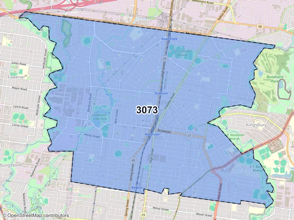 Map of Reservoir, VIC, showing its postcode areas as colored shapes and the suburb outline as a dashed line