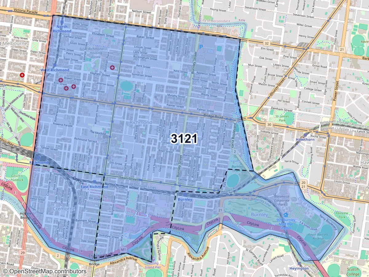 Map of Richmond, VIC, showing its postcode areas as colored shapes and the suburb outline as a dashed line