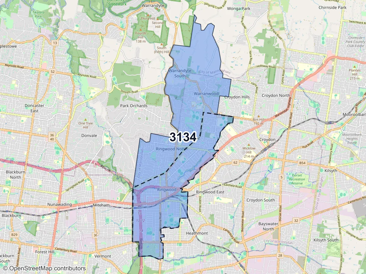 Map of Ringwood, VIC, showing its postcode areas as colored shapes and the suburb outline as a dashed line