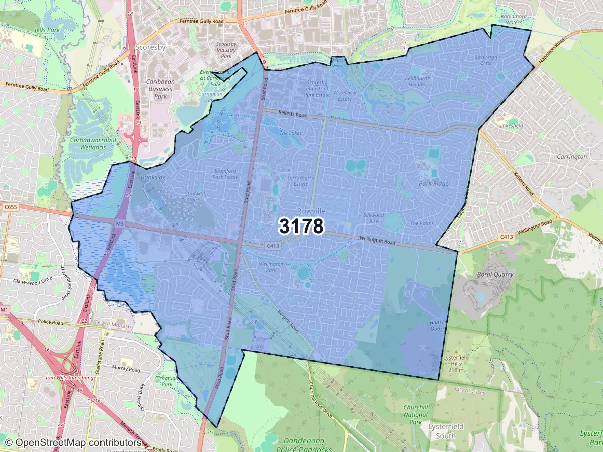 Map of Rowville, VIC, showing its postcode areas as colored shapes and the suburb outline as a dashed line