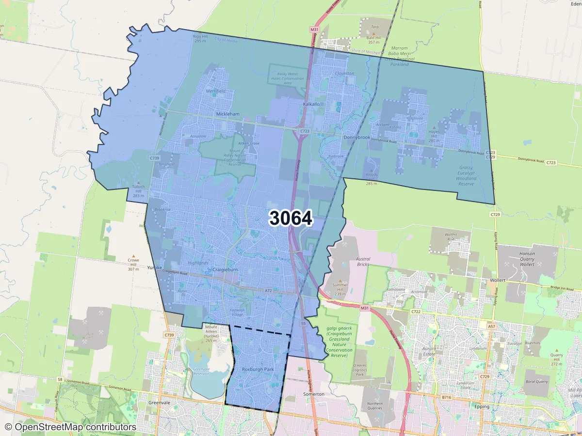 Map of Roxburgh Park, VIC, showing its postcode areas as colored shapes and the suburb outline as a dashed line
