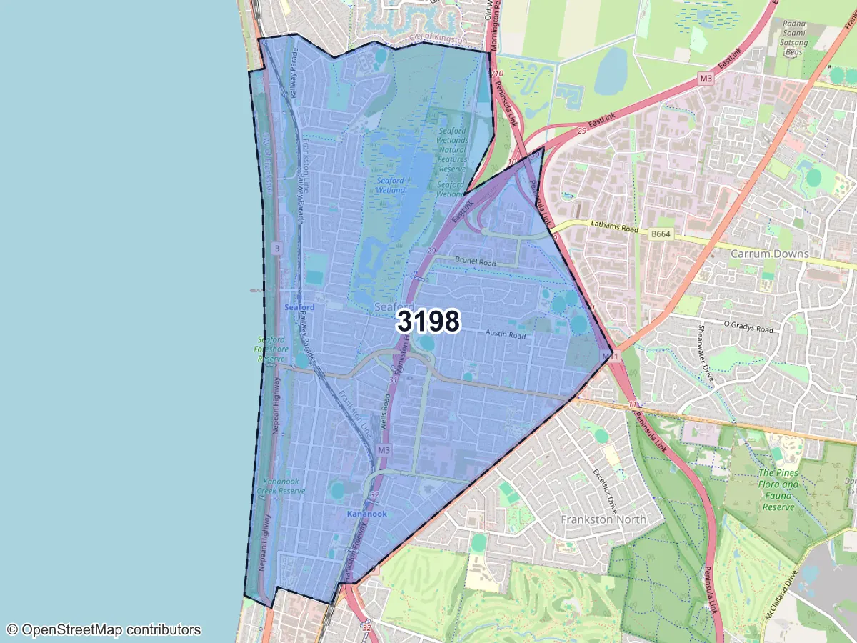 Map of Seaford, VIC, showing its postcode areas as colored shapes and the suburb outline as a dashed line
