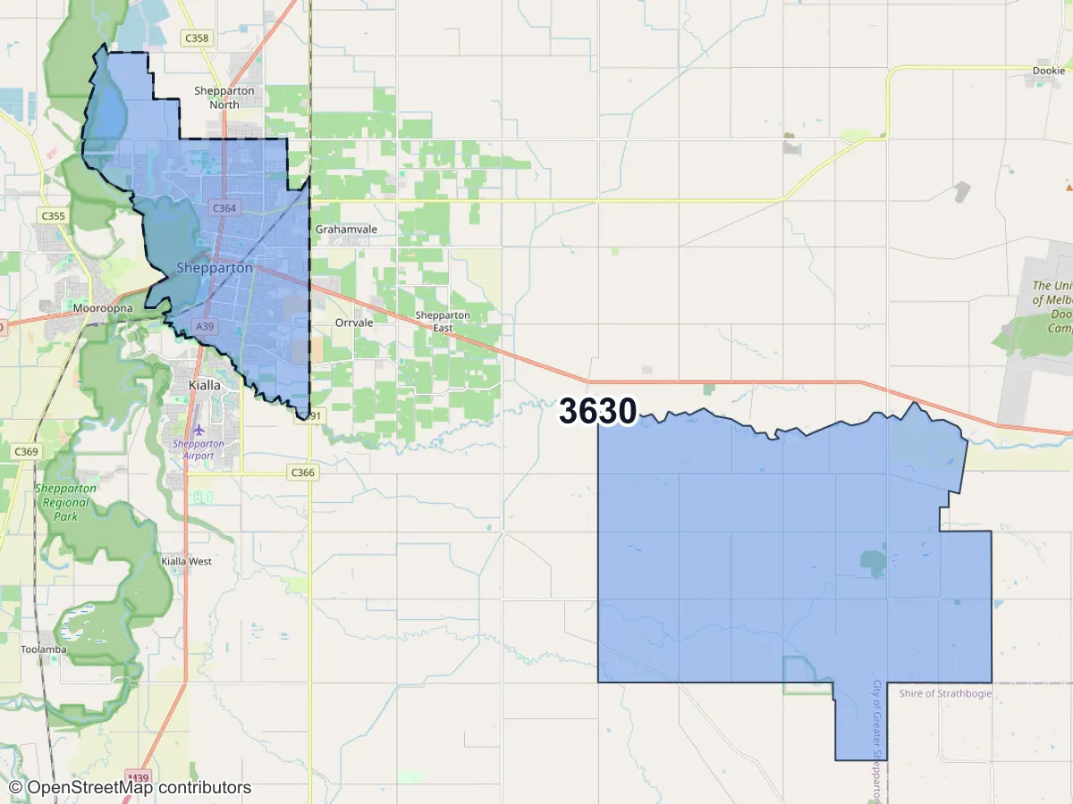 Map of Shepparton, VIC, showing its postcode areas as colored shapes and the suburb outline as a dashed line