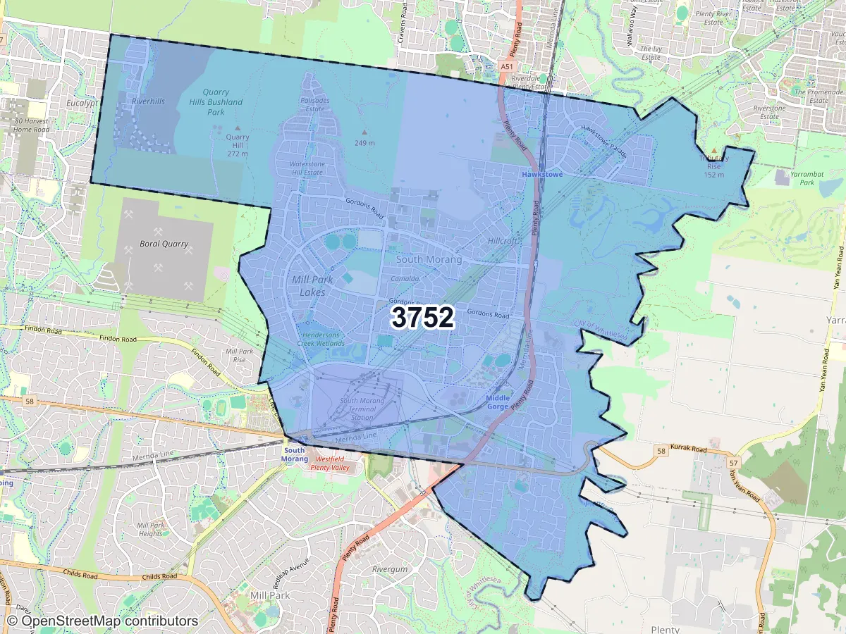 Map of South Morang, VIC, showing its postcode areas as colored shapes and the suburb outline as a dashed line