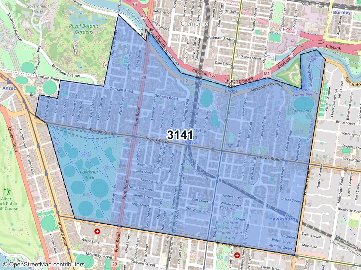 Map of South Yarra, VIC, showing its postcode areas as colored shapes and the suburb outline as a dashed line
