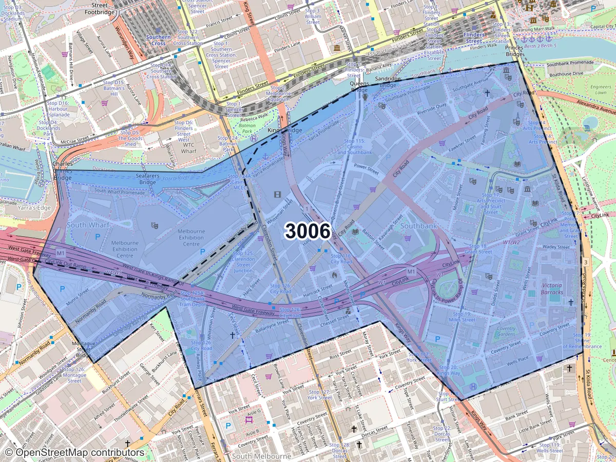 Map of Southbank, VIC, showing its postcode areas as colored shapes and the suburb outline as a dashed line