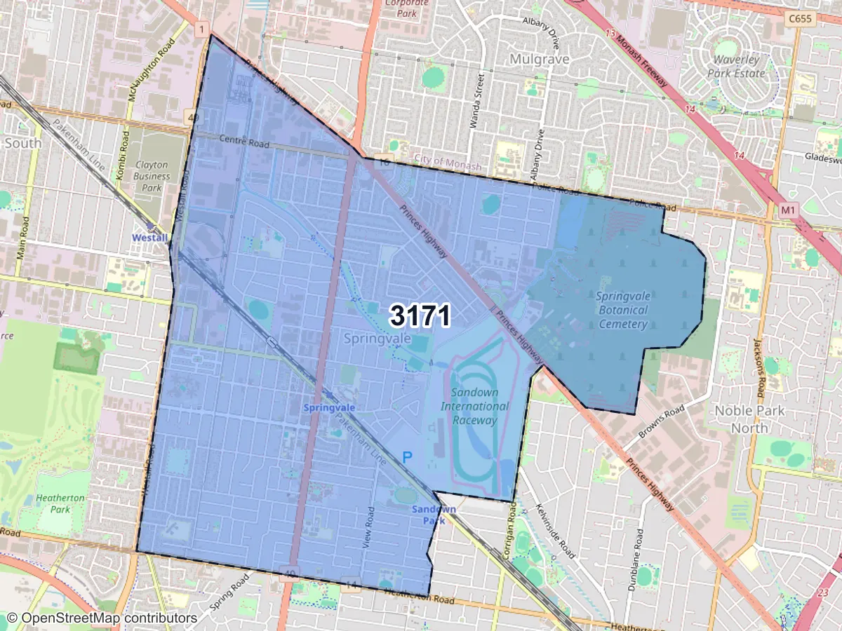 Map of Springvale, VIC, showing its postcode areas as colored shapes and the suburb outline as a dashed line