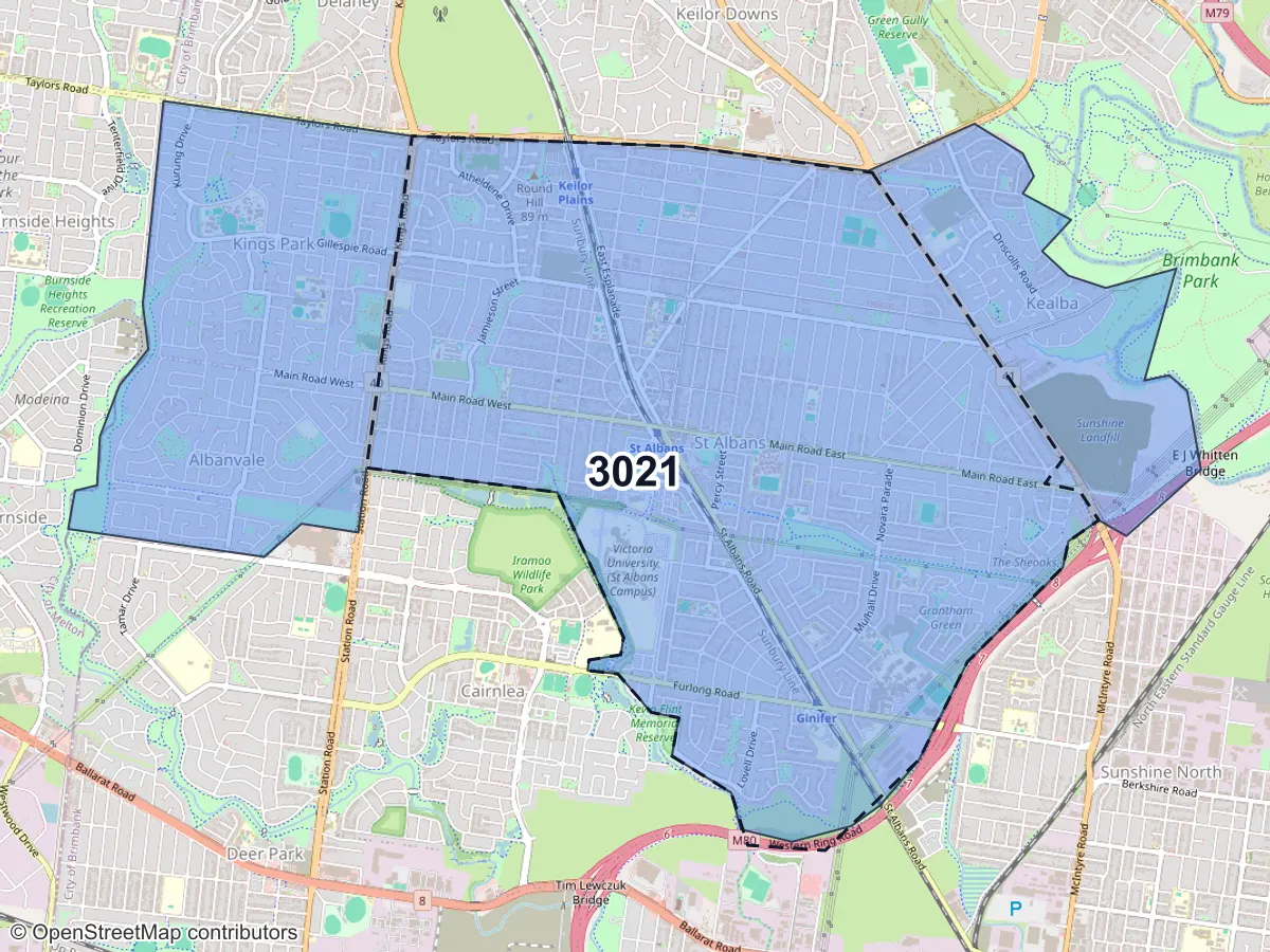 Map of St Albans, VIC, showing its postcode areas as colored shapes and the suburb outline as a dashed line