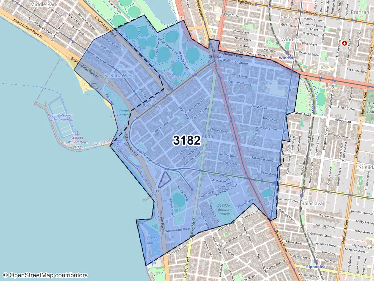 Map of St Kilda, VIC, showing its postcode areas as colored shapes and the suburb outline as a dashed line