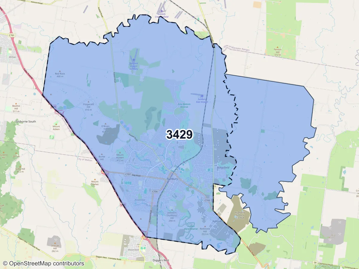 Map of Sunbury, VIC, showing its postcode areas as colored shapes and the suburb outline as a dashed line