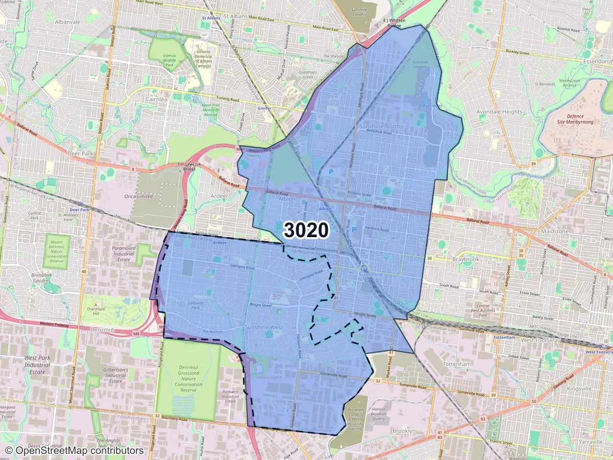 Map of Sunshine West, VIC, showing its postcode areas as colored shapes and the suburb outline as a dashed line