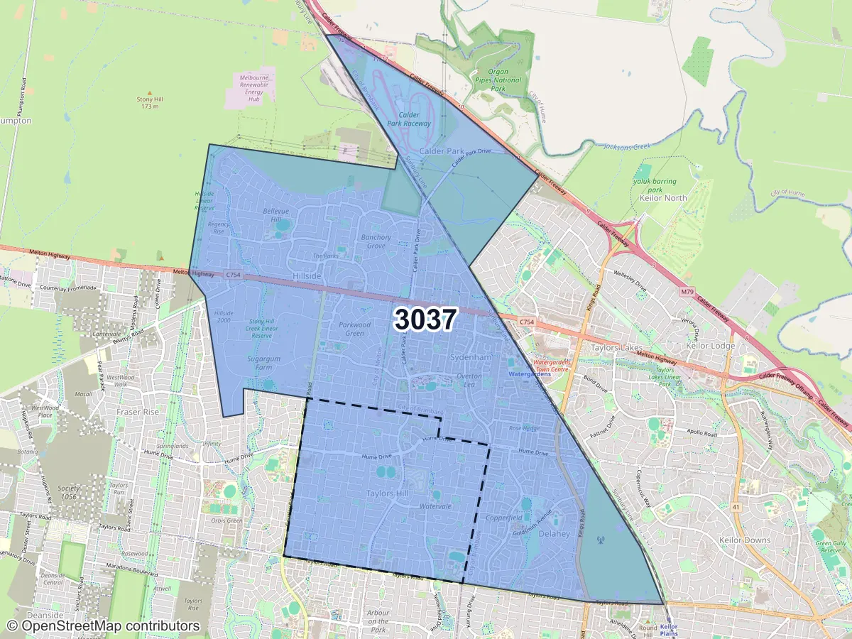 Map of Taylors Hill, VIC, showing its postcode areas as colored shapes and the suburb outline as a dashed line