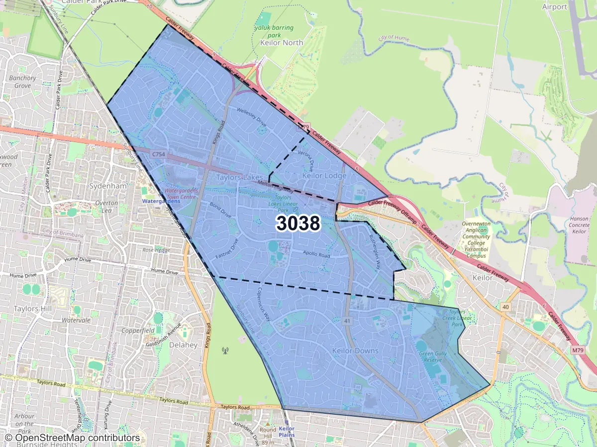 Map of Taylors Lakes, VIC, showing its postcode areas as colored shapes and the suburb outline as a dashed line