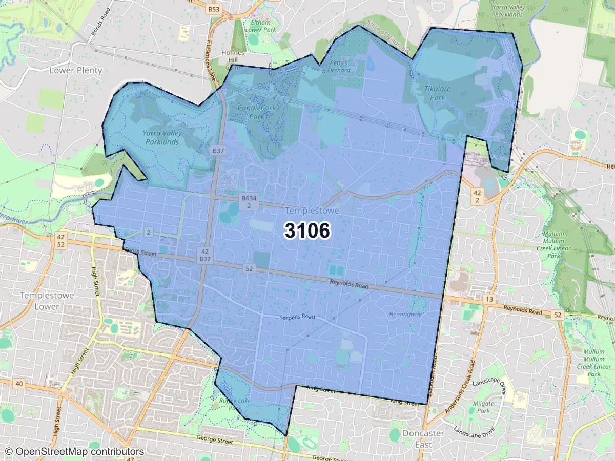 Map of Templestowe, VIC, showing its postcode areas as colored shapes and the suburb outline as a dashed line