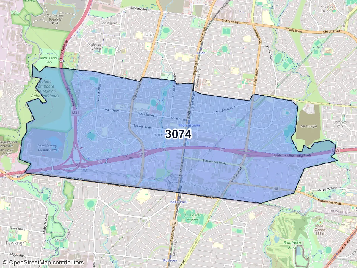Map of Thomastown, VIC, showing its postcode areas as colored shapes and the suburb outline as a dashed line