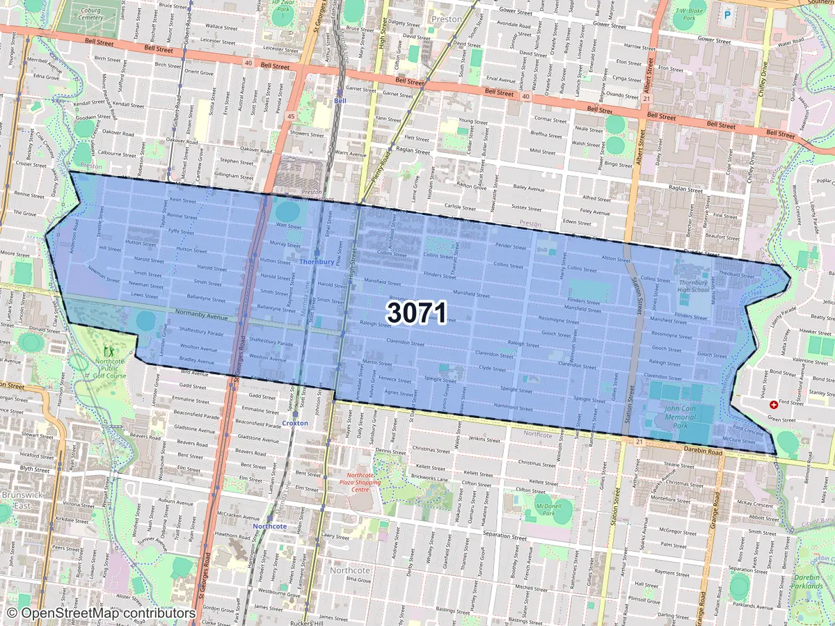 Map of Thornbury, VIC, showing its postcode areas as colored shapes and the suburb outline as a dashed line