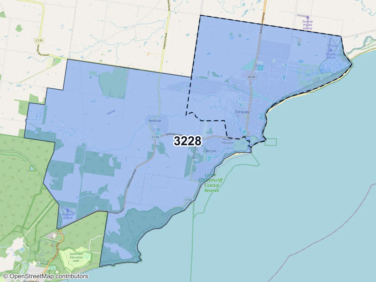Map of Torquay, VIC, showing its postcode areas as colored shapes and the suburb outline as a dashed line