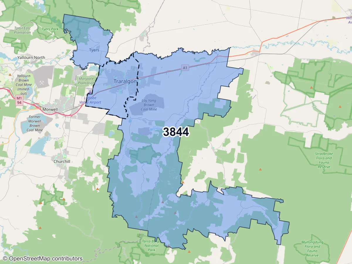 Map of Traralgon, VIC, showing its postcode areas as colored shapes and the suburb outline as a dashed line