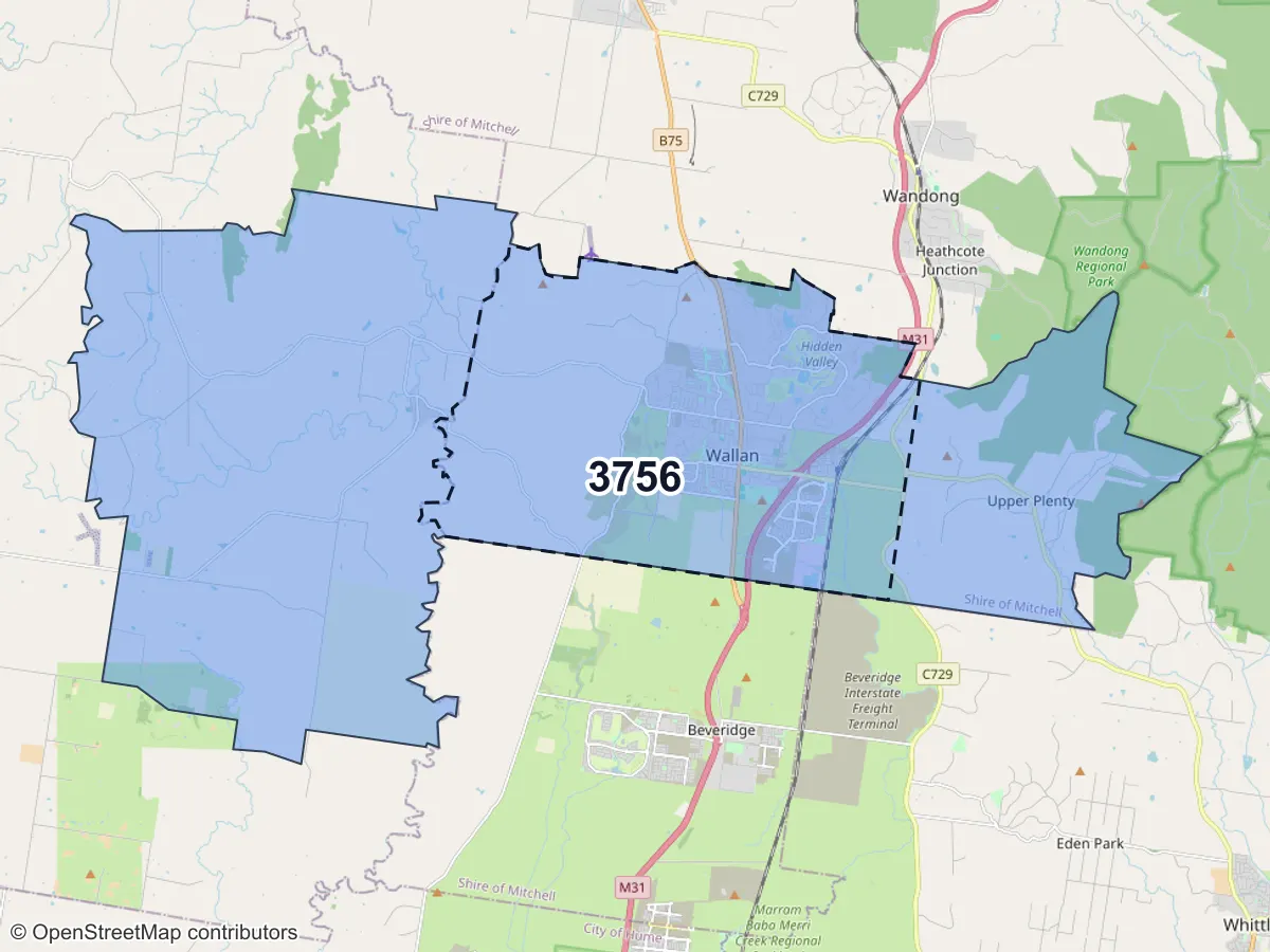 Map of Wallan, VIC, showing its postcode areas as colored shapes and the suburb outline as a dashed line