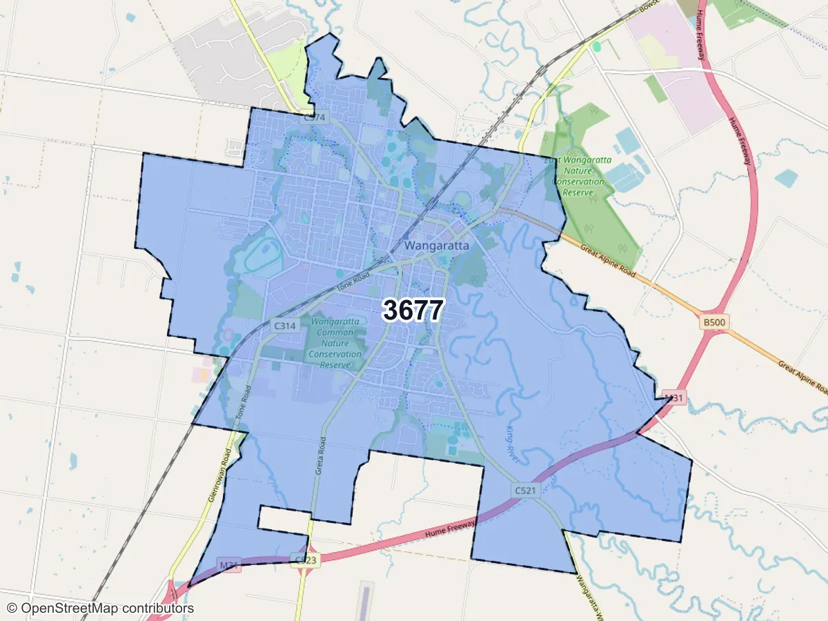 Map of Wangaratta, VIC, showing its postcode areas as colored shapes and the suburb outline as a dashed line