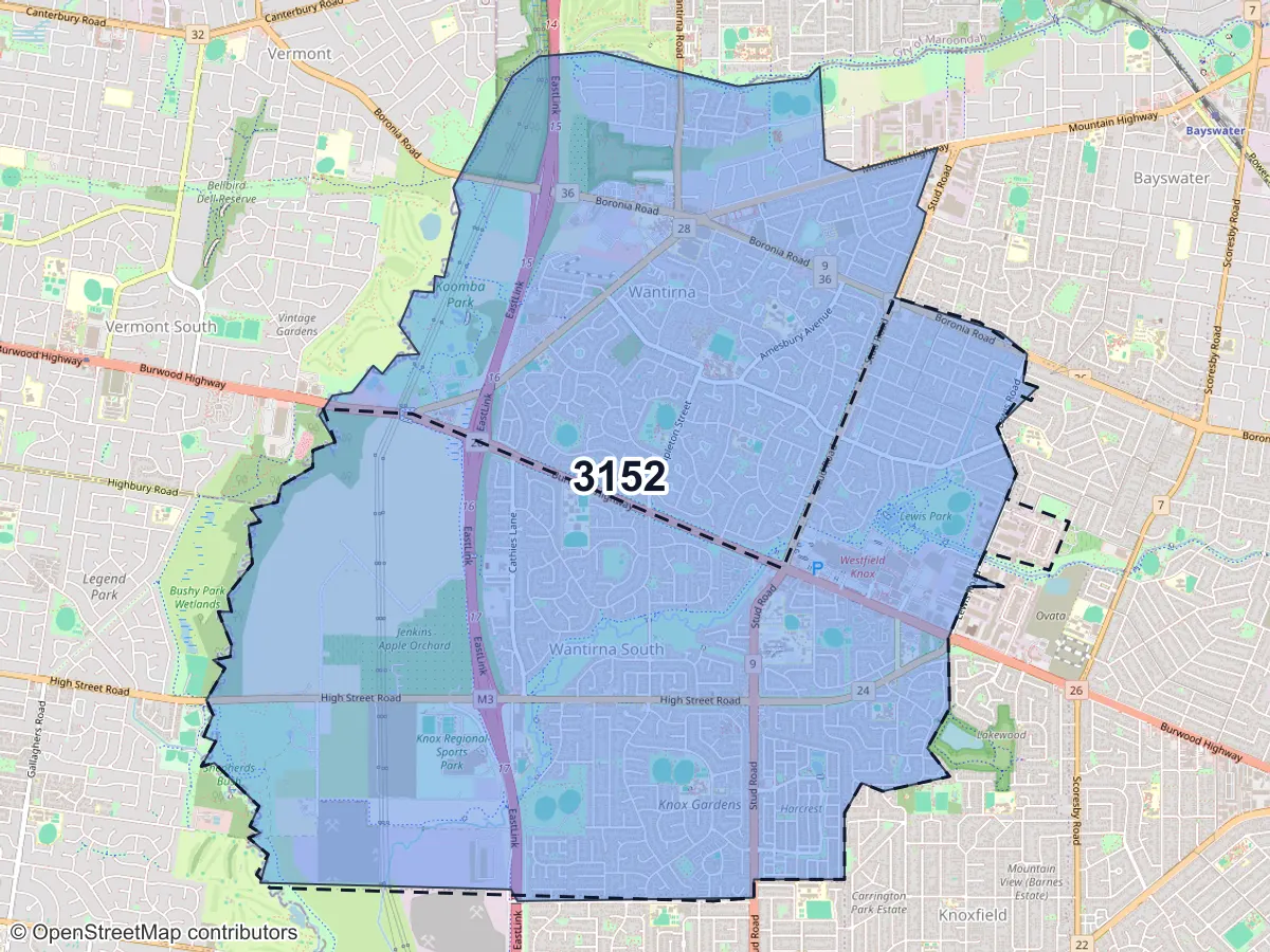 Map of Wantirna South, VIC, showing its postcode areas as colored shapes and the suburb outline as a dashed line