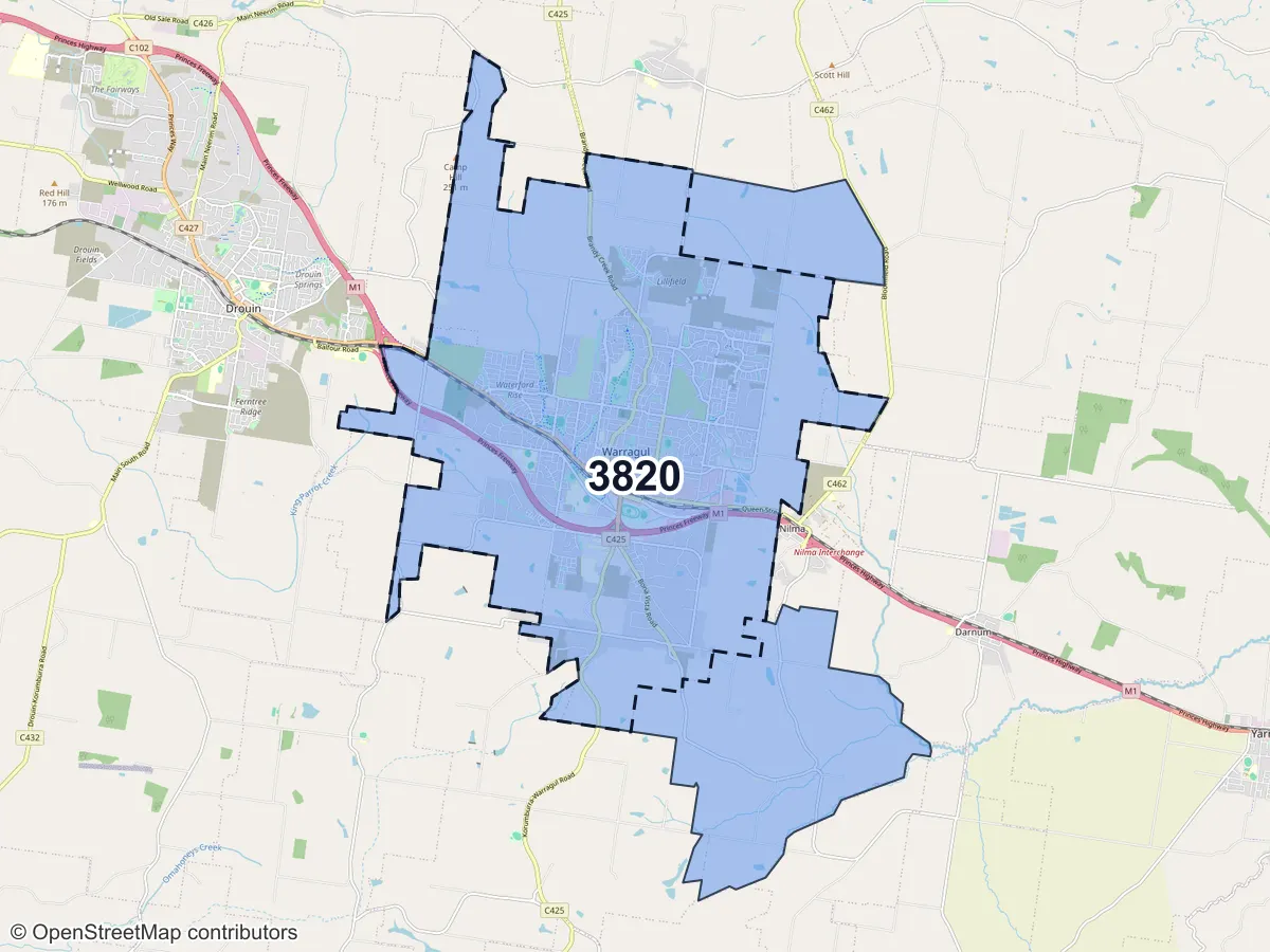 Map of Warragul, VIC, showing its postcode areas as colored shapes and the suburb outline as a dashed line