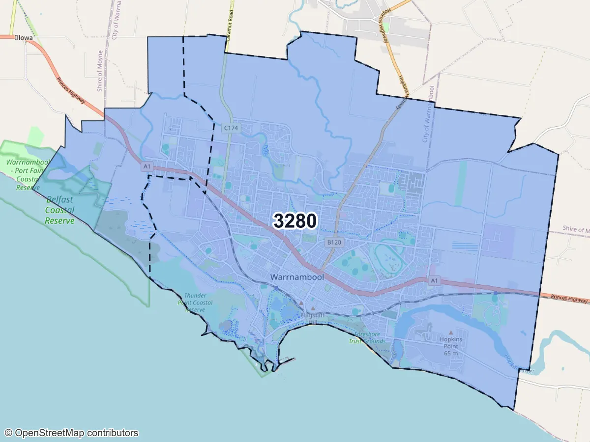 Map of Warrnambool, VIC, showing its postcode areas as colored shapes and the suburb outline as a dashed line