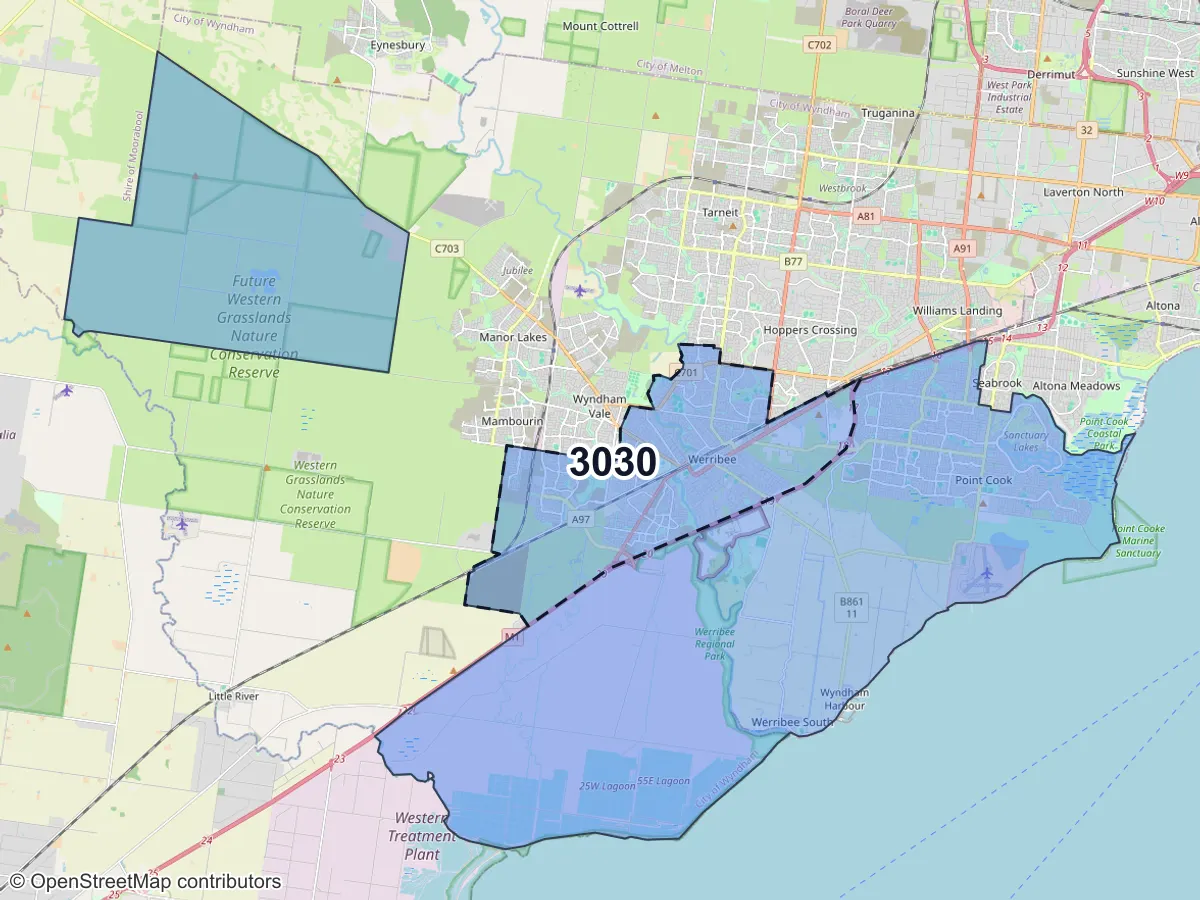 Map of Werribee, VIC, showing its postcode areas as colored shapes and the suburb outline as a dashed line