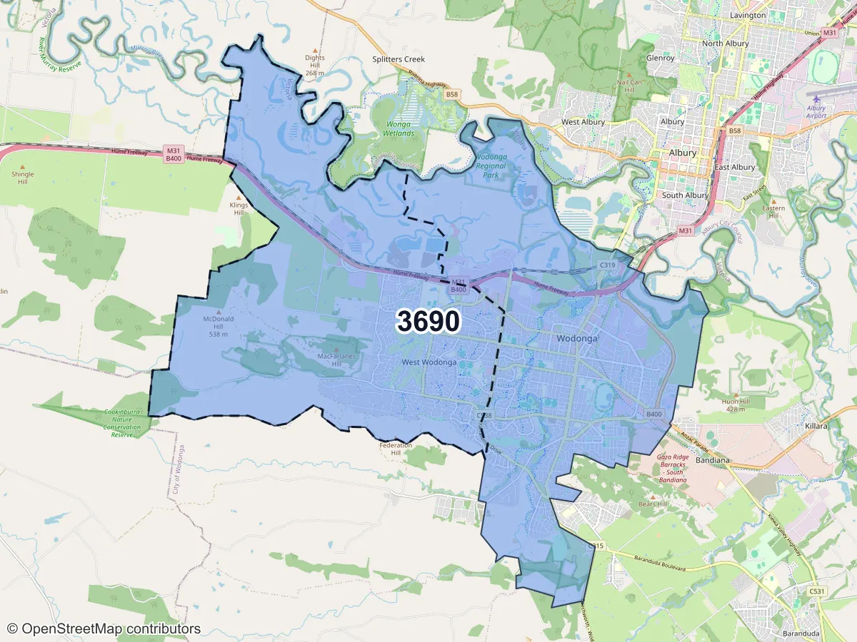 Map of West Wodonga, VIC, showing its postcode areas as colored shapes and the suburb outline as a dashed line