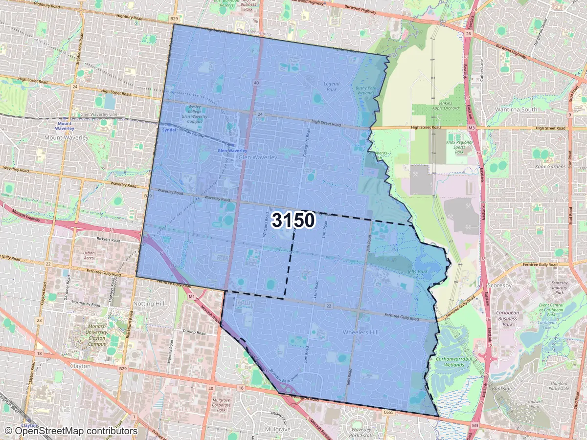 Map of Wheelers Hill, VIC, showing its postcode areas as colored shapes and the suburb outline as a dashed line