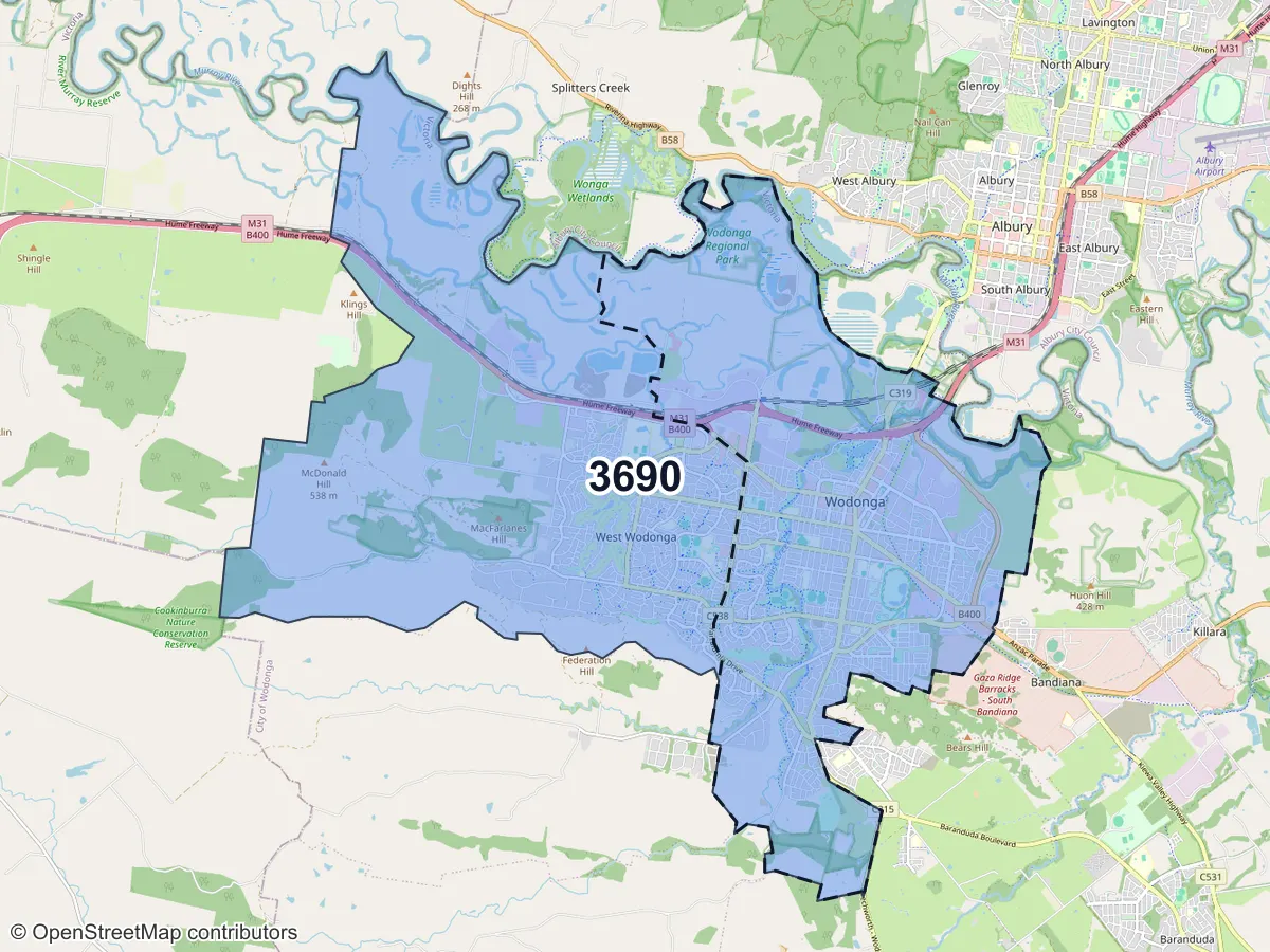 Map of Wodonga, VIC, showing its postcode areas as colored shapes and the suburb outline as a dashed line