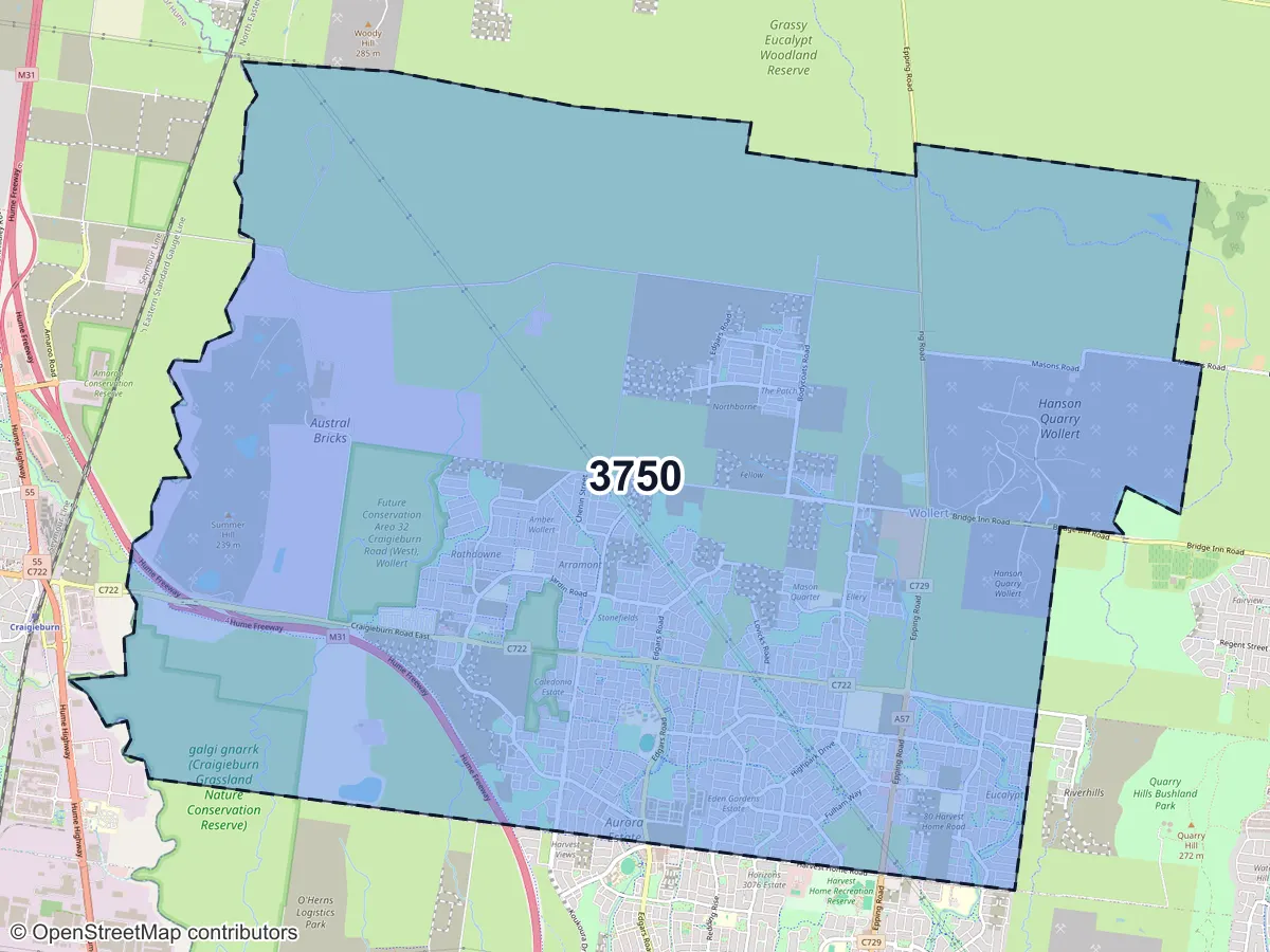 Map of Wollert, VIC, showing its postcode areas as colored shapes and the suburb outline as a dashed line