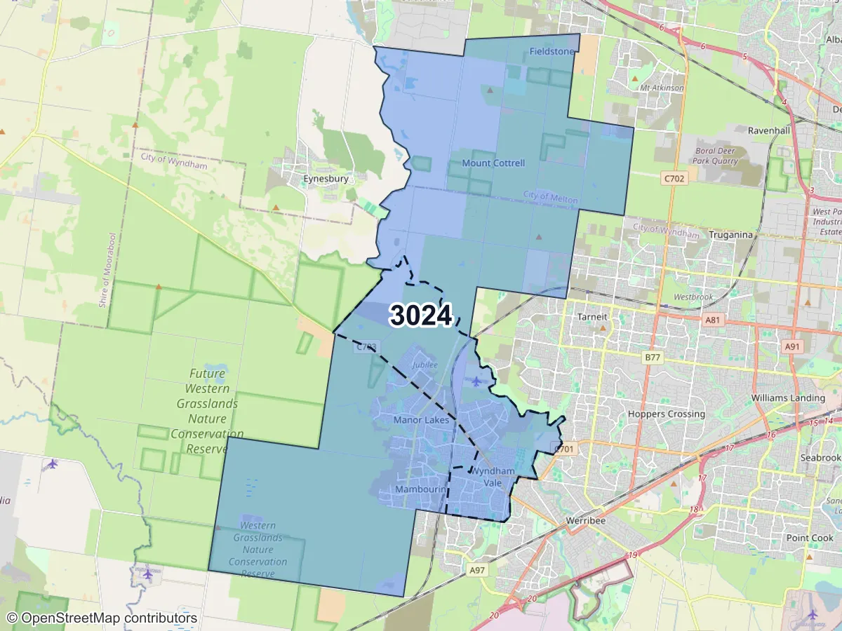 Map of Wyndham Vale, VIC, showing its postcode areas as colored shapes and the suburb outline as a dashed line