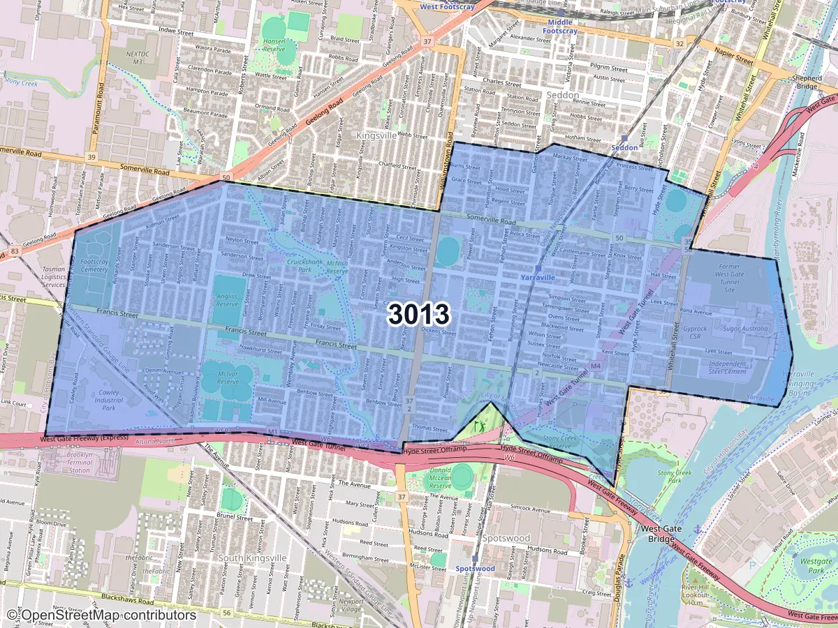 Map of Yarraville, VIC, showing its postcode areas as colored shapes and the suburb outline as a dashed line