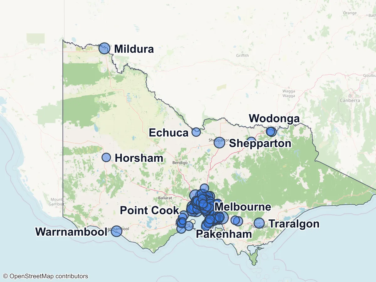 Map of Victoria with a circle for each of its largest suburbs