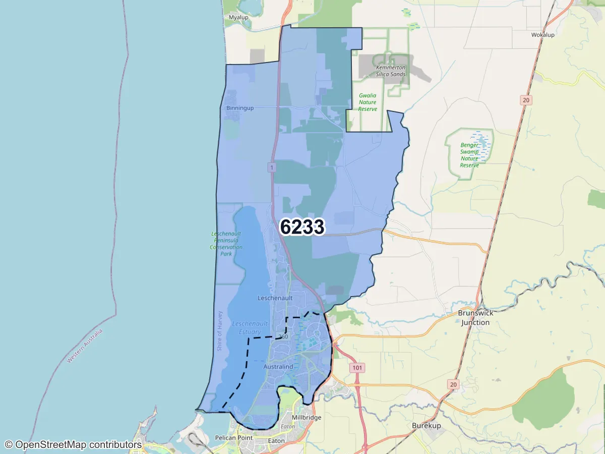 Map of Australind, WA, showing its postcode areas as colored shapes and the suburb outline as a dashed line