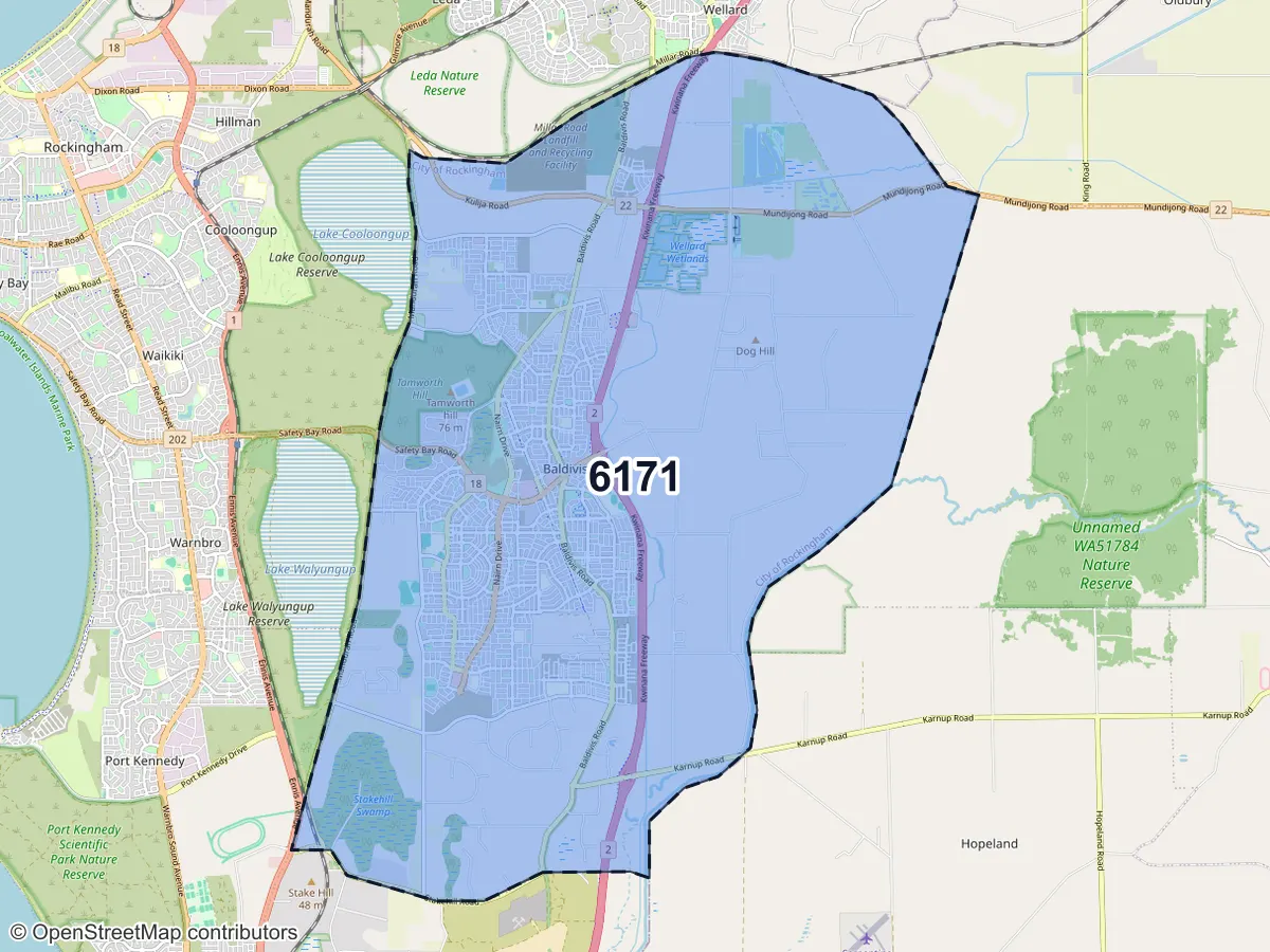 Map of Baldivis, WA, showing its postcode areas as colored shapes and the suburb outline as a dashed line