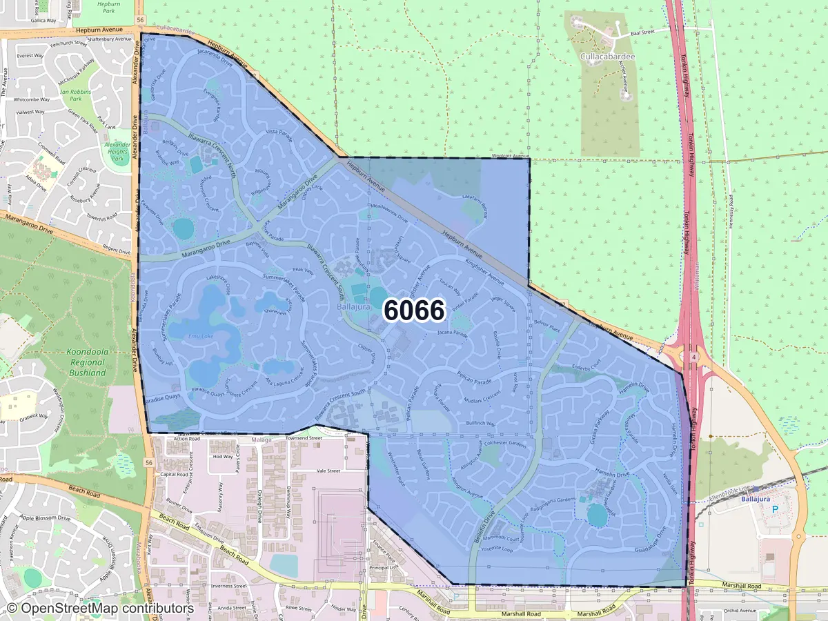 Map of Ballajura, WA, showing its postcode areas as colored shapes and the suburb outline as a dashed line