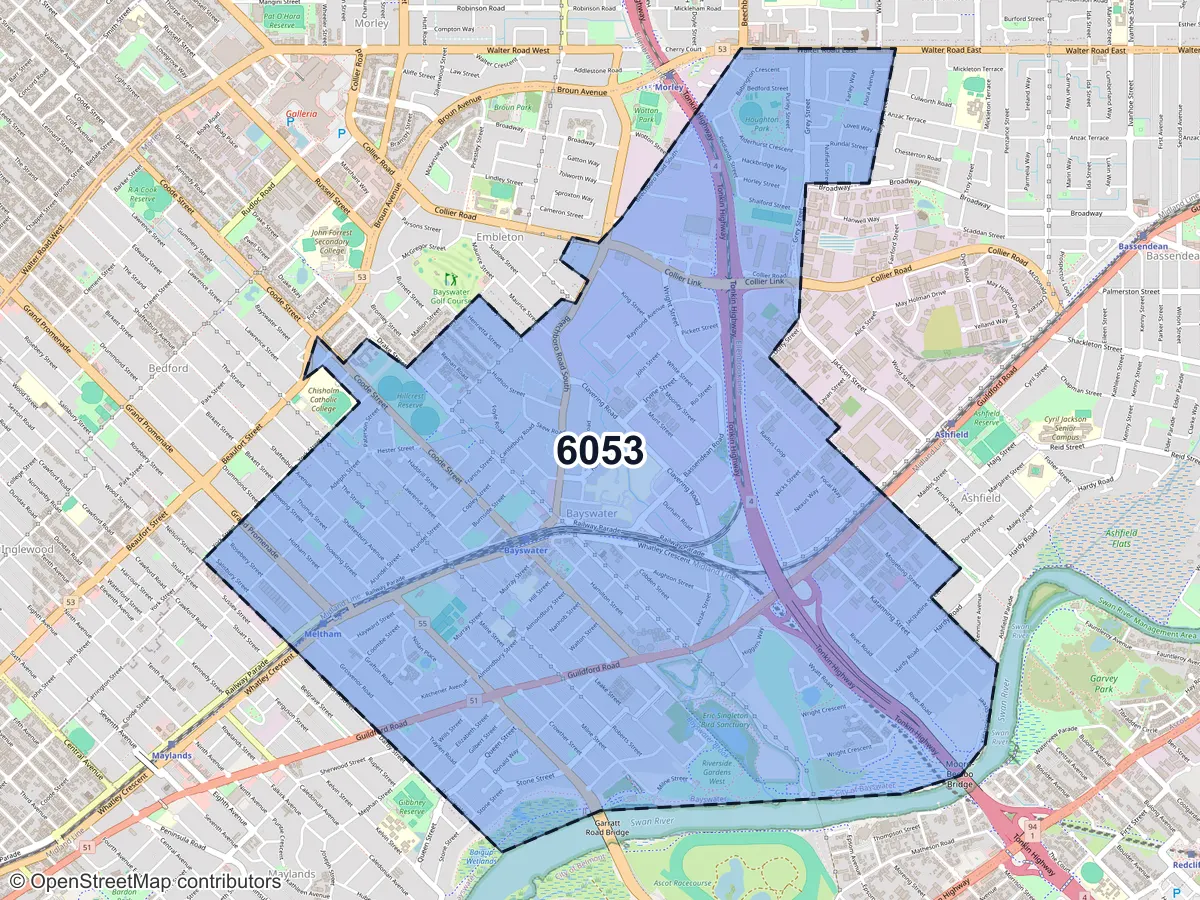 Map of Bayswater, WA, showing its postcode areas as colored shapes and the suburb outline as a dashed line