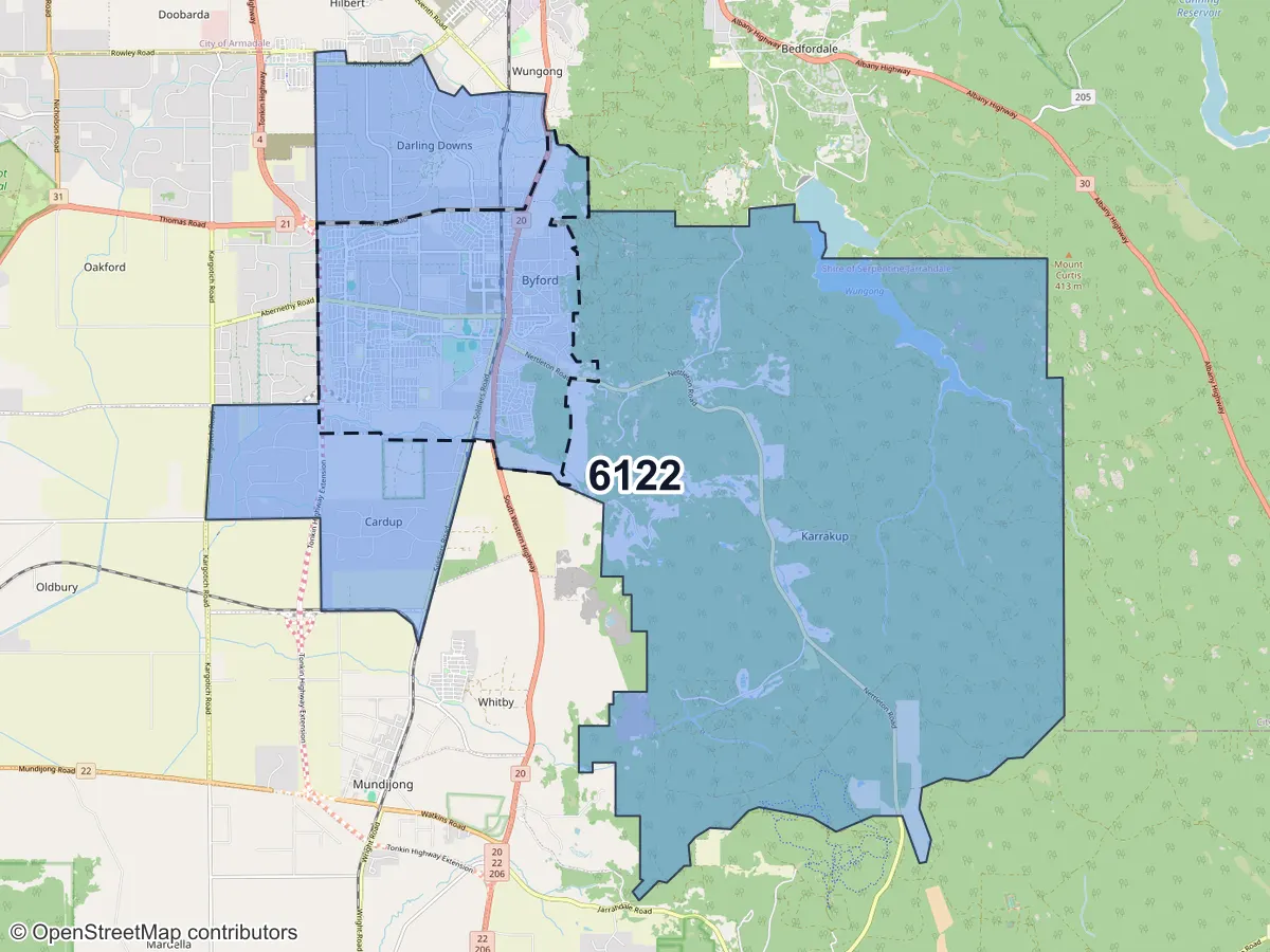 Map of Byford, WA, showing its postcode areas as colored shapes and the suburb outline as a dashed line