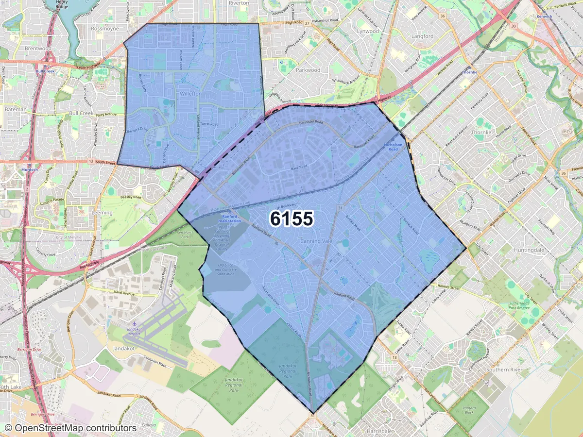 Map of Canning Vale, WA, showing its postcode areas as colored shapes and the suburb outline as a dashed line