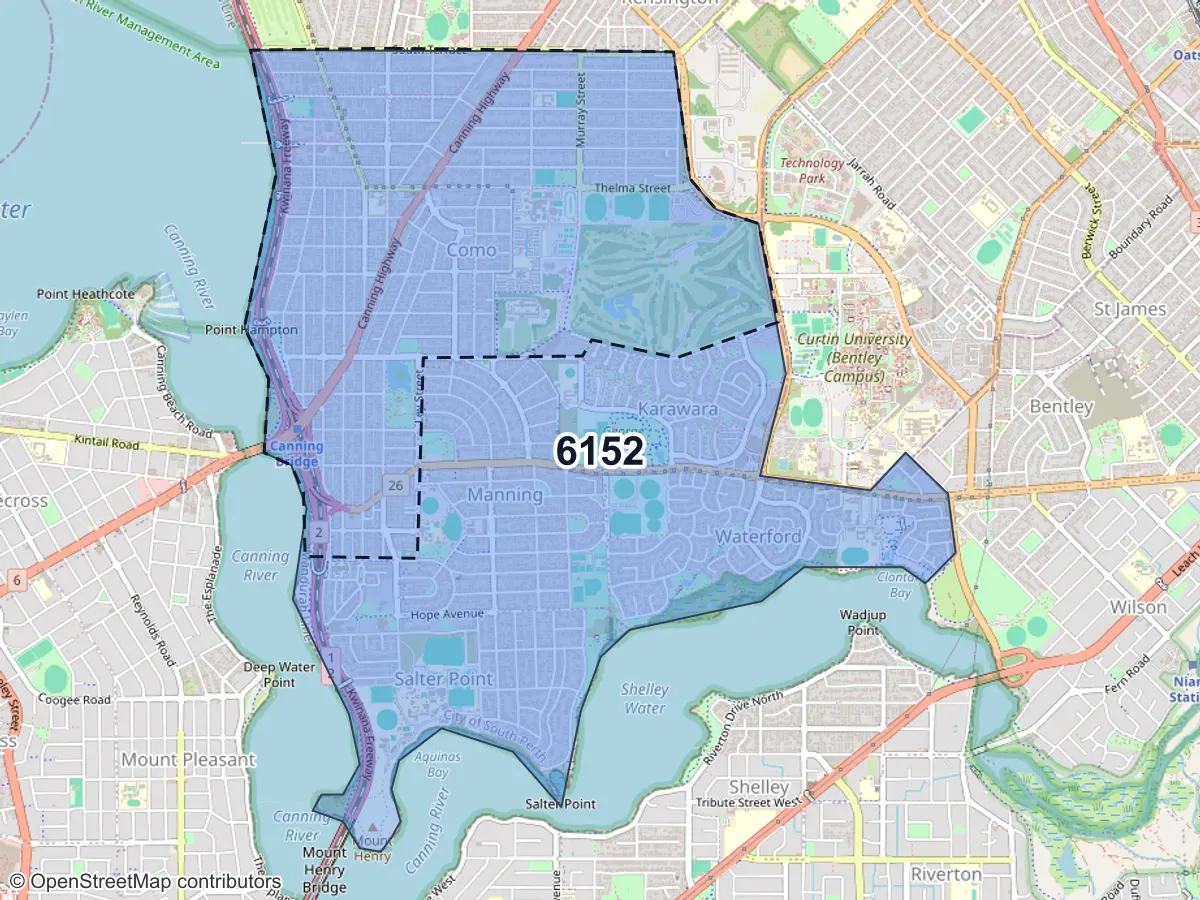 Map of Como, WA, showing its postcode areas as colored shapes and the suburb outline as a dashed line