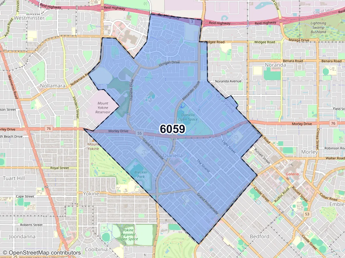 Map of Dianella, WA, showing its postcode areas as colored shapes and the suburb outline as a dashed line